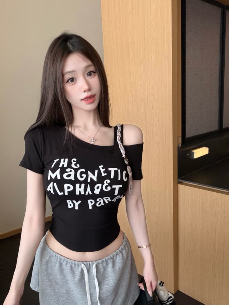 실사 감소되지 않음 핫걸 알파벳 프린트 비스듬한 어깨 페이크 레이어드 티셔츠 여성 몸매 가꾸기 다용도 반팔 맨위 상세 이미지 12