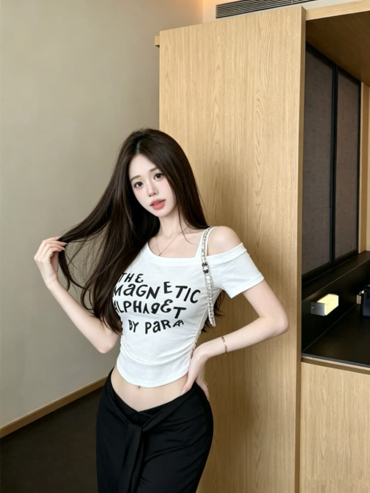 실사 감소되지 않음 핫걸 알파벳 프린트 비스듬한 어깨 페이크 레이어드 티셔츠 여성 몸매 가꾸기 다용도 반팔 맨위 상세 이미지 18