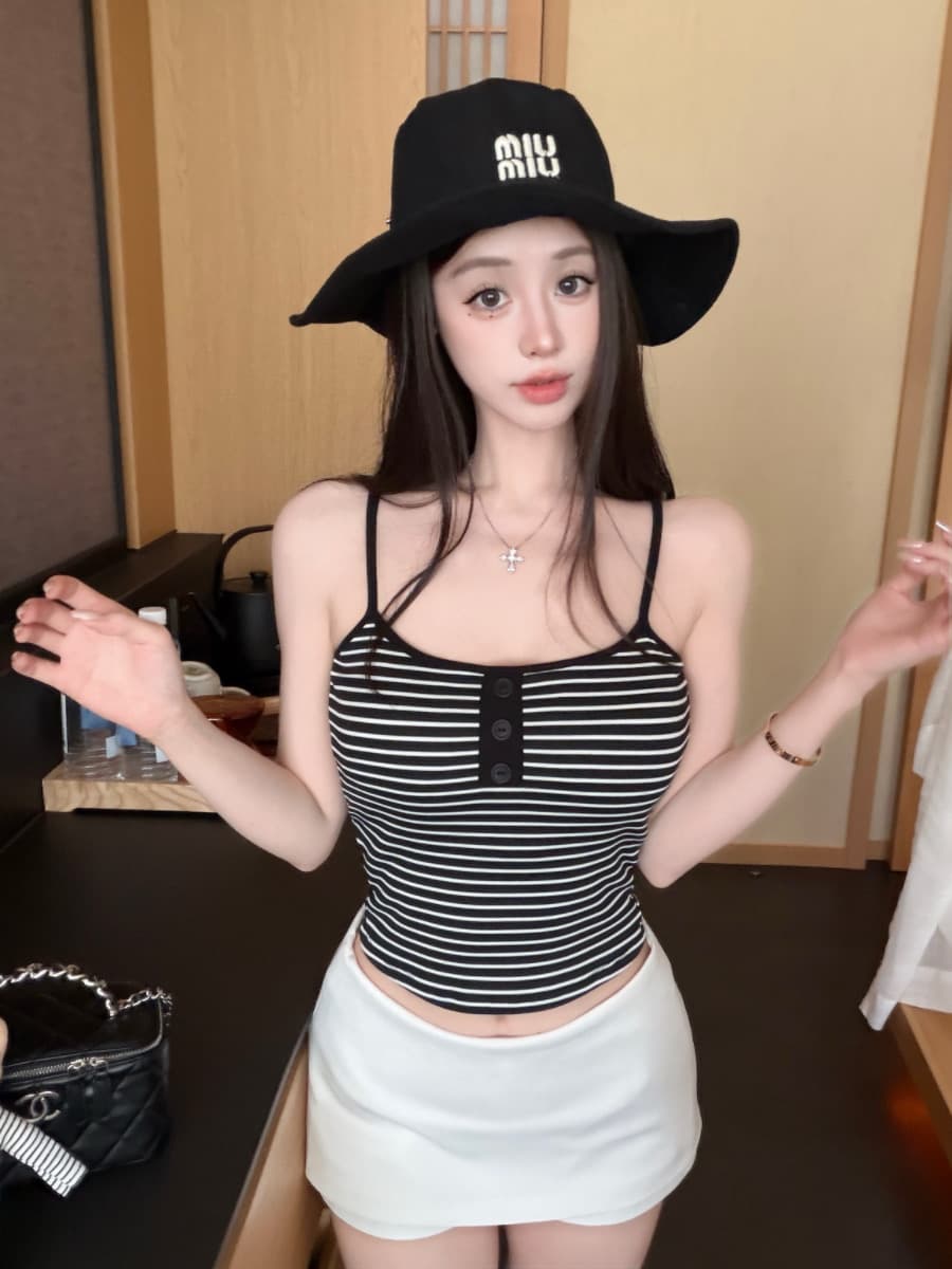실사 감소되지 않음 스트라이프 쇼트 스타일 캐미솔 여름 몸매 가꾸기 다용도 벨트 가슴 패드 민소매 맨위 이미지 4