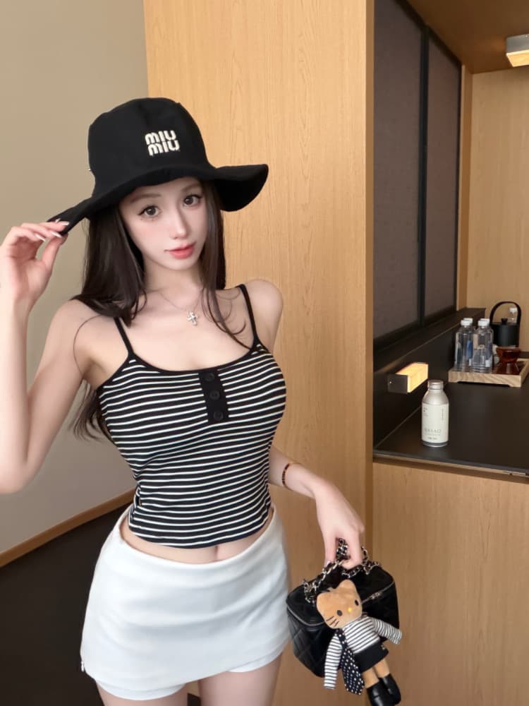 실사 감소되지 않음 스트라이프 쇼트 스타일 캐미솔 여름 몸매 가꾸기 다용도 벨트 가슴 패드 민소매 맨위 상세 이미지 19