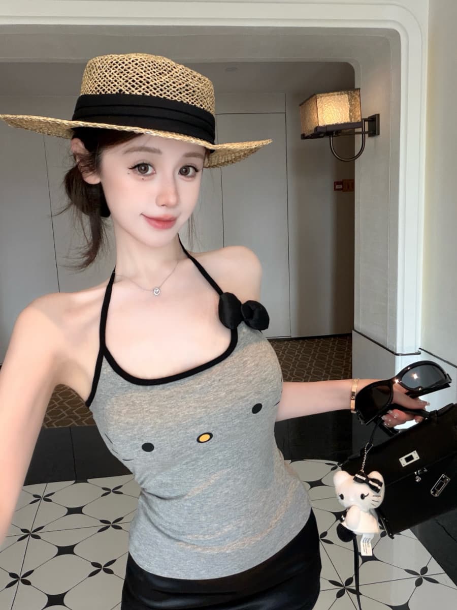 실사 감소되지 않음 귀여운 야옹 미 큰 얼굴 나비 매듭 배색 행침 목 캐미솔 이미지 3