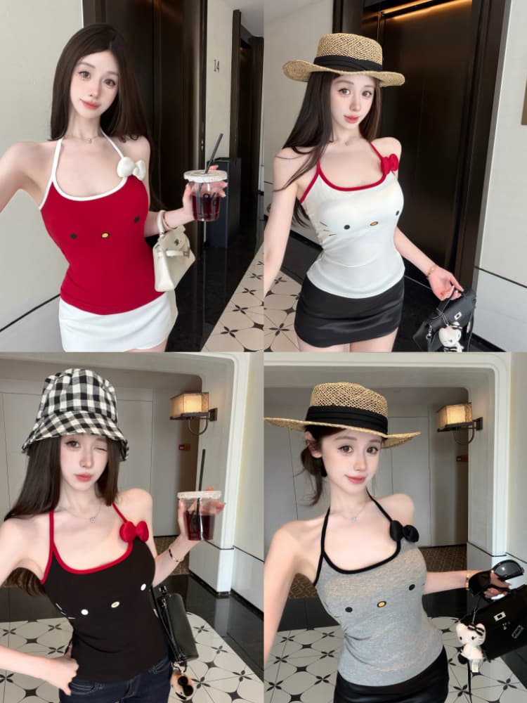 실사 감소되지 않음 귀여운 야옹 미 큰 얼굴 나비 매듭 배색 행침 목 캐미솔 상세 이미지 1