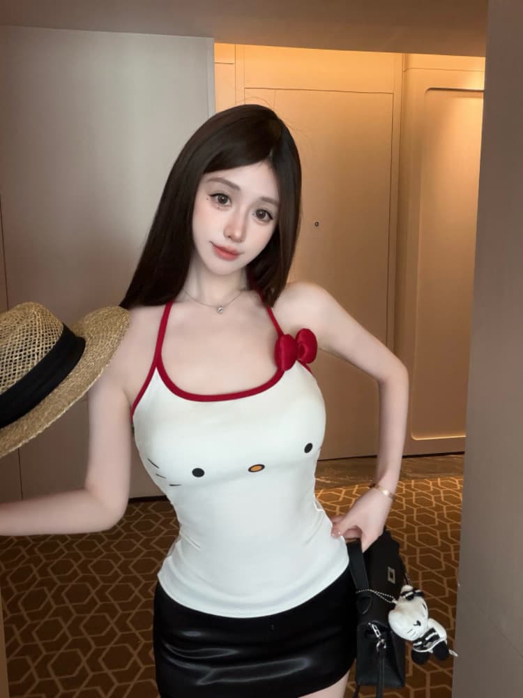 실사 감소되지 않음 귀여운 야옹 미 큰 얼굴 나비 매듭 배색 행침 목 캐미솔 상세 이미지 4