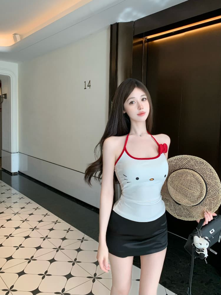 실사 감소되지 않음 귀여운 야옹 미 큰 얼굴 나비 매듭 배색 행침 목 캐미솔 상세 이미지 5