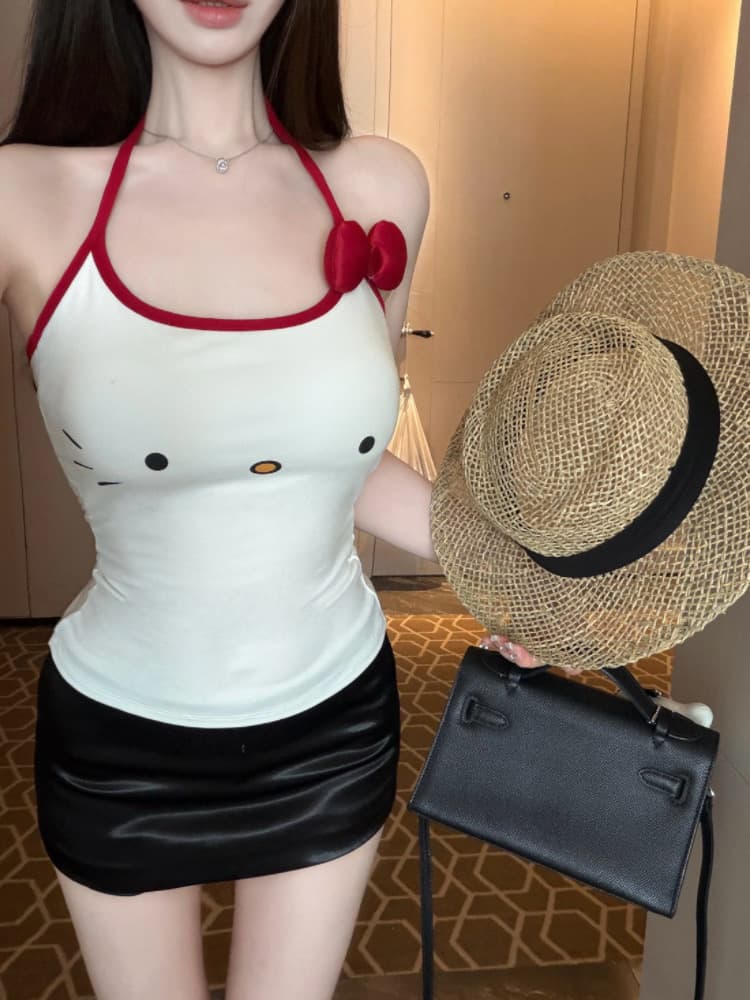 실사 감소되지 않음 귀여운 야옹 미 큰 얼굴 나비 매듭 배색 행침 목 캐미솔 상세 이미지 6