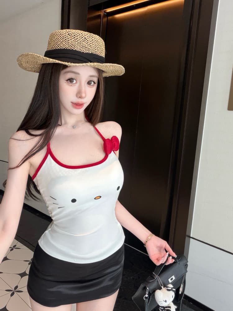 실사 감소되지 않음 귀여운 야옹 미 큰 얼굴 나비 매듭 배색 행침 목 캐미솔 상세 이미지 8