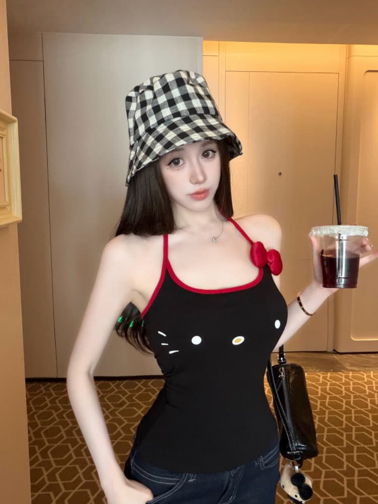 실사 감소되지 않음 귀여운 야옹 미 큰 얼굴 나비 매듭 배색 행침 목 캐미솔 상세 이미지 9
