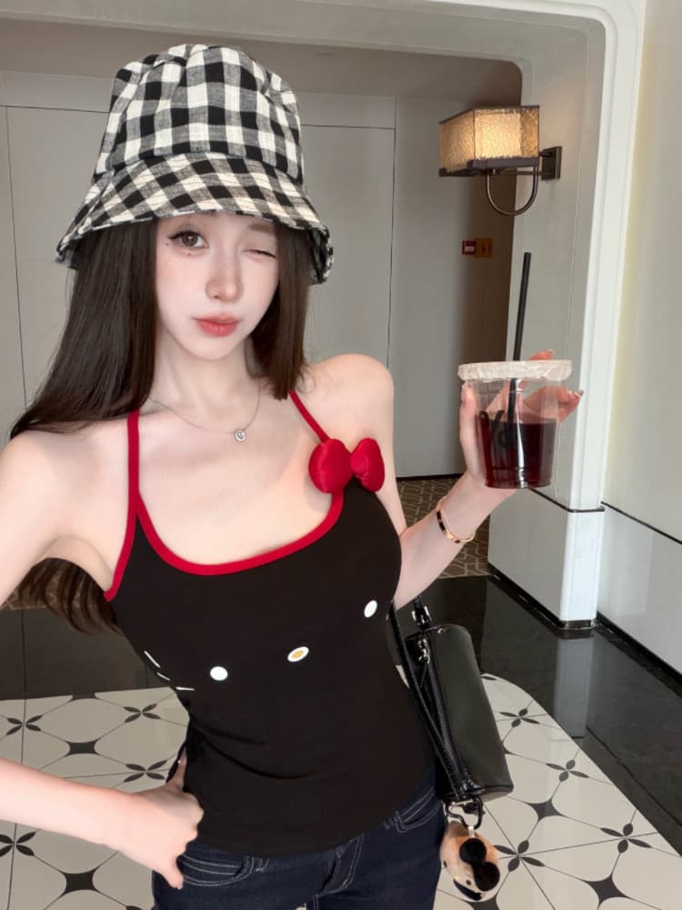 실사 감소되지 않음 귀여운 야옹 미 큰 얼굴 나비 매듭 배색 행침 목 캐미솔 상세 이미지 13