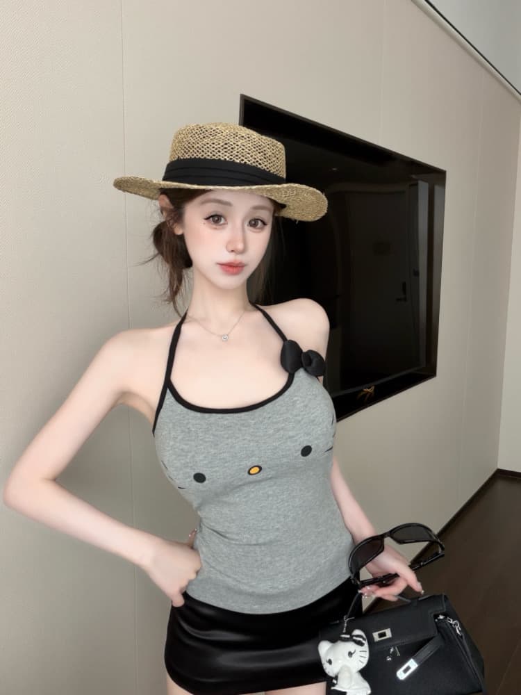 실사 감소되지 않음 귀여운 야옹 미 큰 얼굴 나비 매듭 배색 행침 목 캐미솔 상세 이미지 16