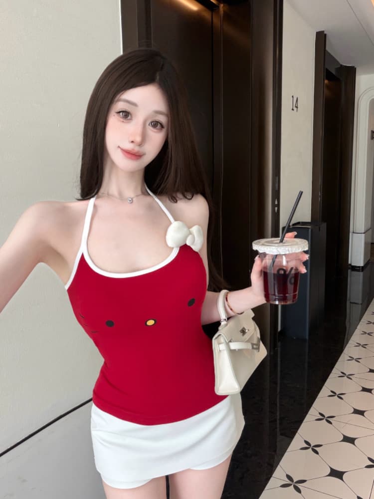 실사 감소되지 않음 귀여운 야옹 미 큰 얼굴 나비 매듭 배색 행침 목 캐미솔 상세 이미지 20