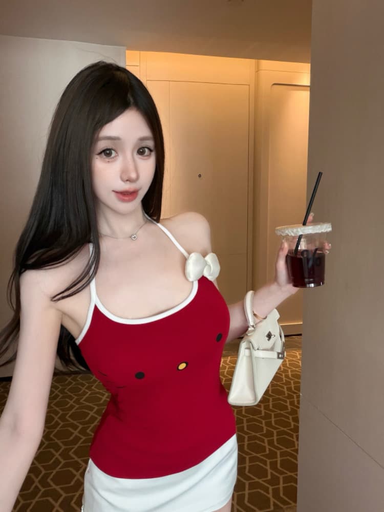 실사 감소되지 않음 귀여운 야옹 미 큰 얼굴 나비 매듭 배색 행침 목 캐미솔 상세 이미지 21
