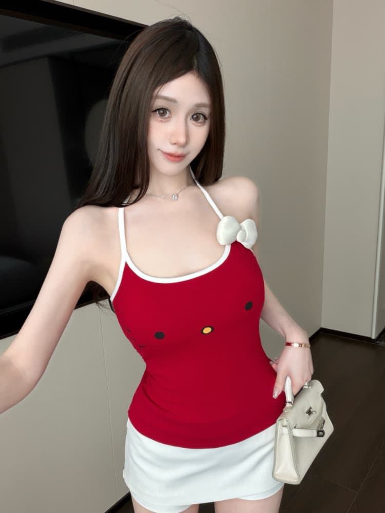 실사 감소되지 않음 귀여운 야옹 미 큰 얼굴 나비 매듭 배색 행침 목 캐미솔 상세 이미지 22