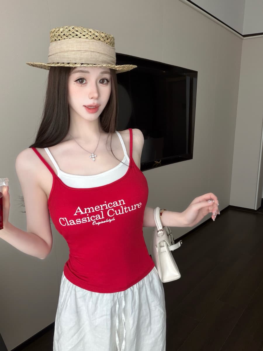 실사 감소되지 않음 핫걸 알파벳 프린트 페이크 레이어드 캐미솔 이미지 3