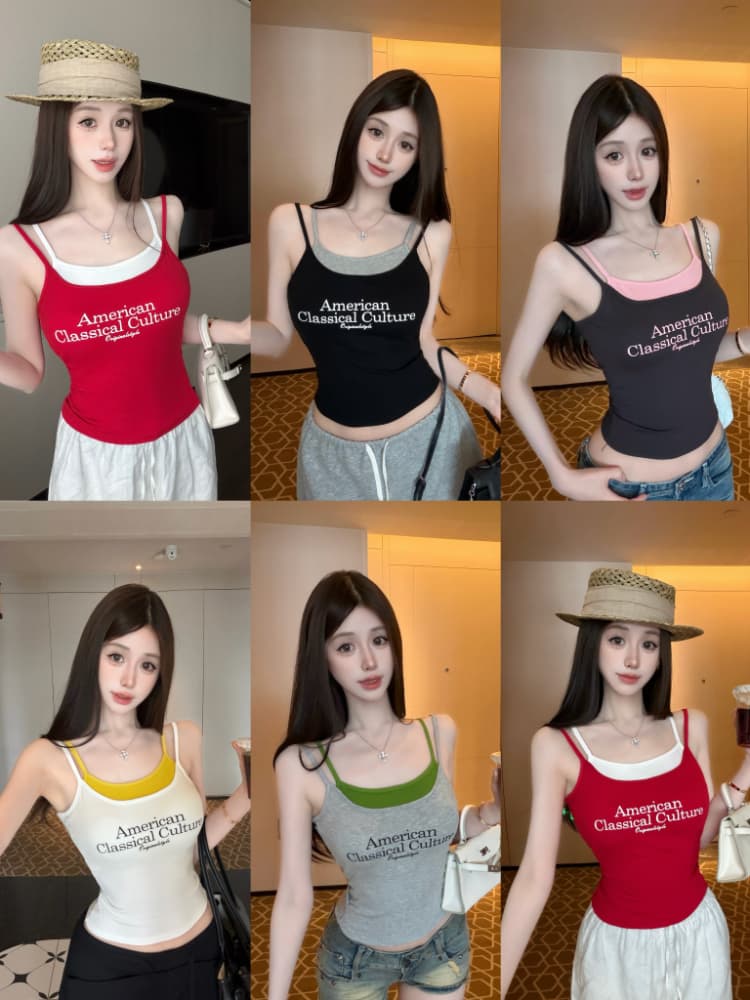 실사 감소되지 않음 핫걸 알파벳 프린트 페이크 레이어드 캐미솔 상세 이미지 1