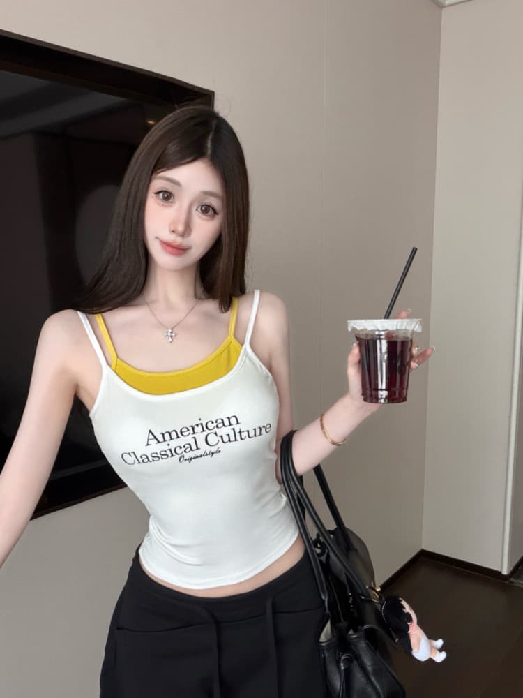 실사 감소되지 않음 핫걸 알파벳 프린트 페이크 레이어드 캐미솔 상세 이미지 4