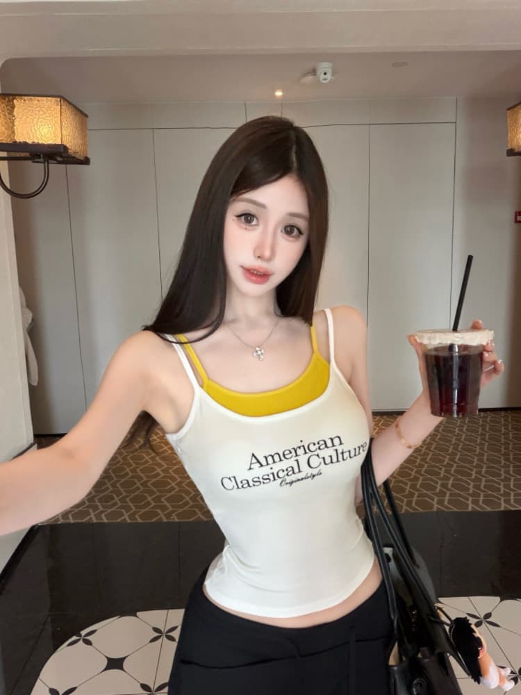실사 감소되지 않음 핫걸 알파벳 프린트 페이크 레이어드 캐미솔 상세 이미지 5