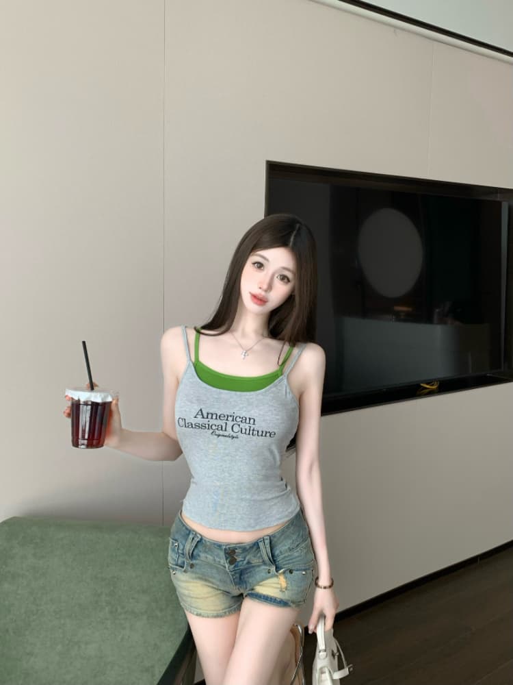 실사 감소되지 않음 핫걸 알파벳 프린트 페이크 레이어드 캐미솔 상세 이미지 12