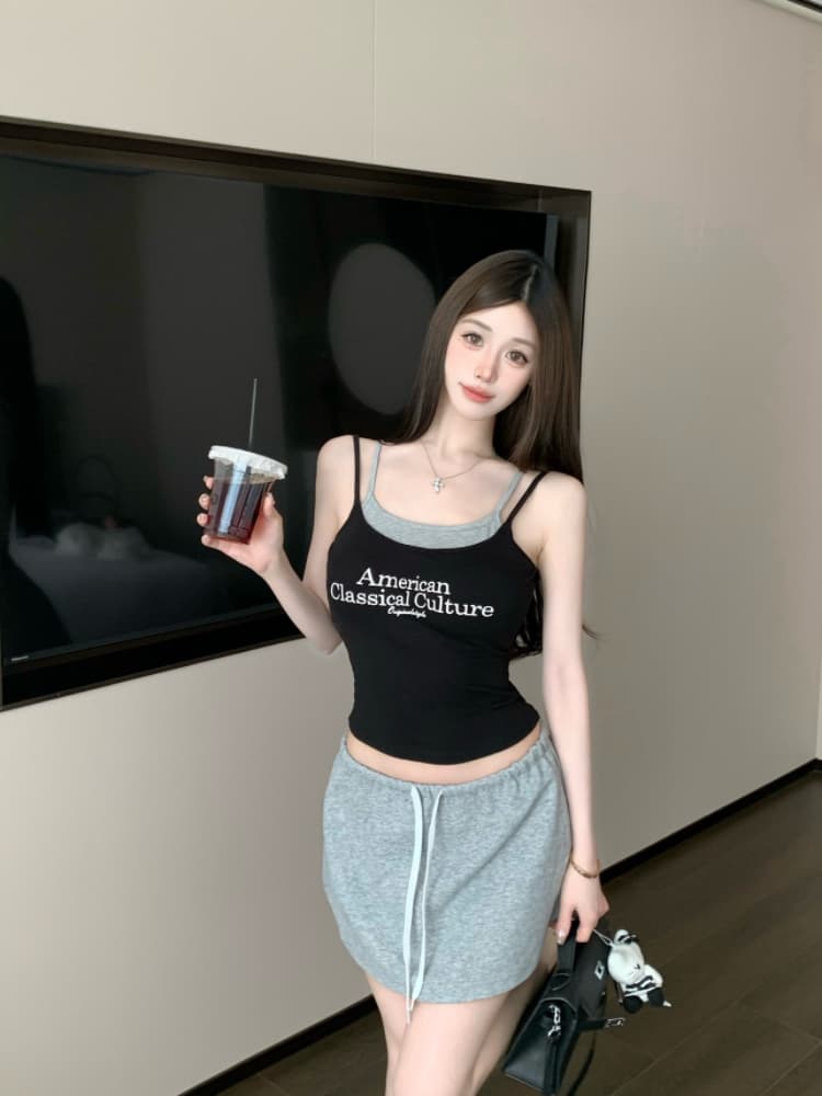 실사 감소되지 않음 핫걸 알파벳 프린트 페이크 레이어드 캐미솔 상세 이미지 15