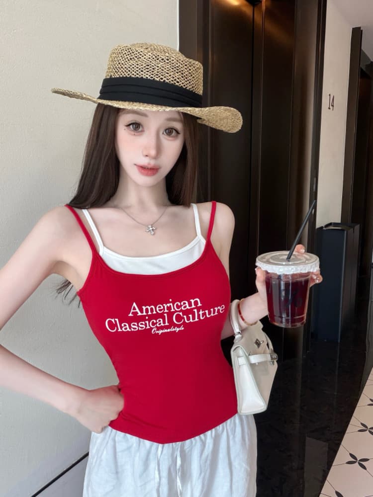 실사 감소되지 않음 핫걸 알파벳 프린트 페이크 레이어드 캐미솔 상세 이미지 20