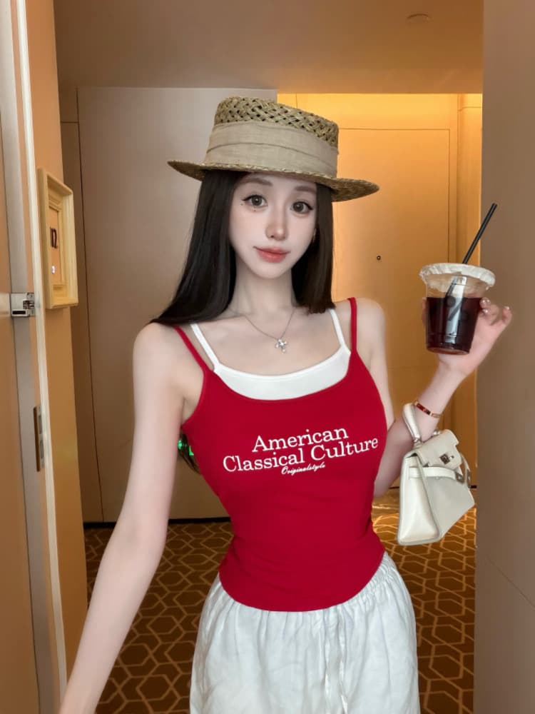 실사 감소되지 않음 핫걸 알파벳 프린트 페이크 레이어드 캐미솔 상세 이미지 22