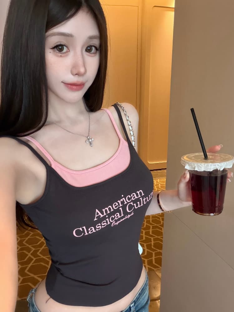 실사 감소되지 않음 핫걸 알파벳 프린트 페이크 레이어드 캐미솔 상세 이미지 26