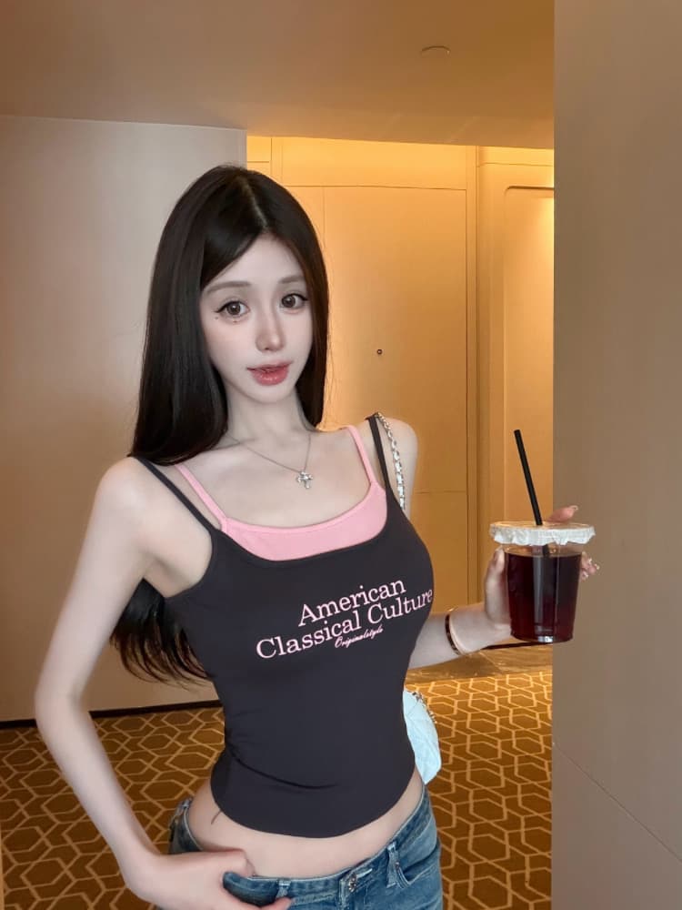 실사 감소되지 않음 핫걸 알파벳 프린트 페이크 레이어드 캐미솔 상세 이미지 29