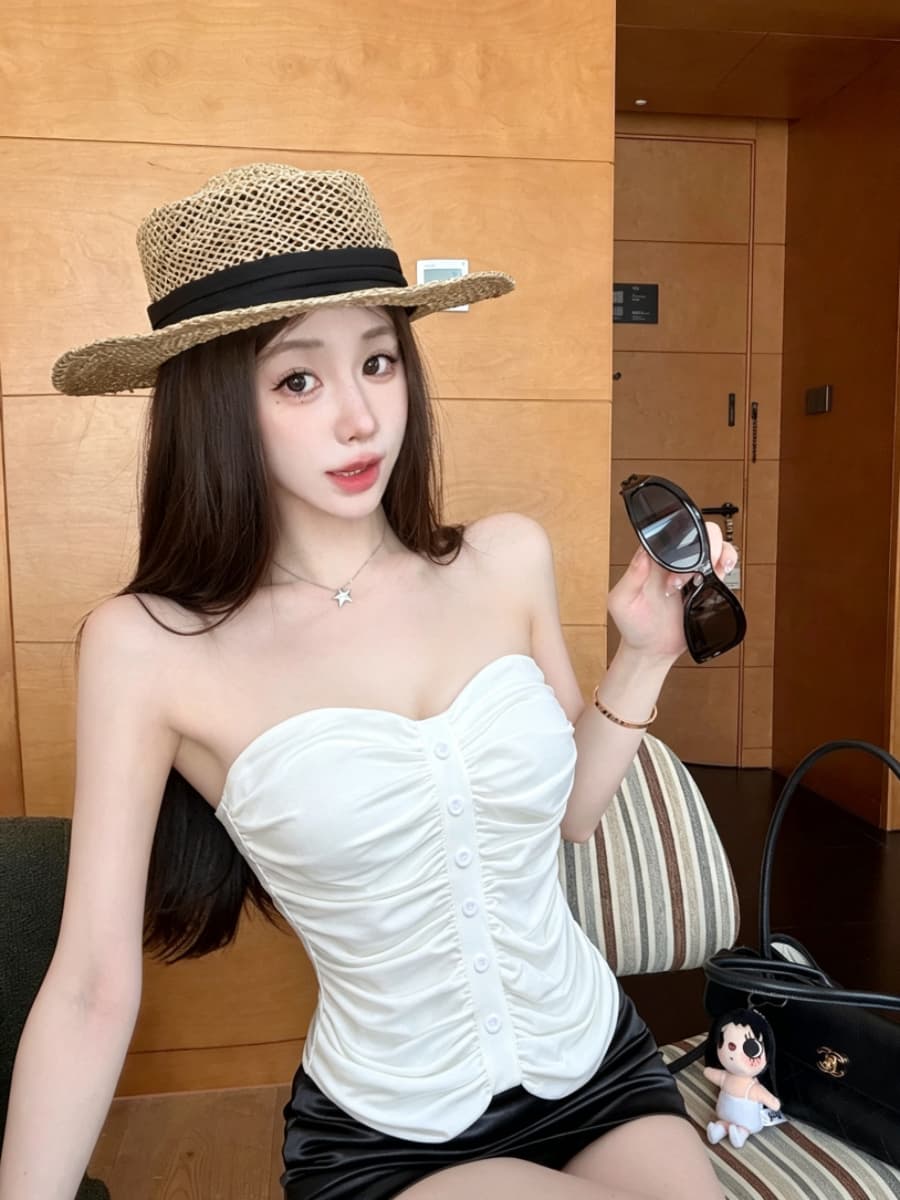 실사 감소되지 않음 핫걸 주름 튜브탑 작은 조끼 여성 여름 몸매 가꾸기 외출용 민소매 맨위 이미지 3
