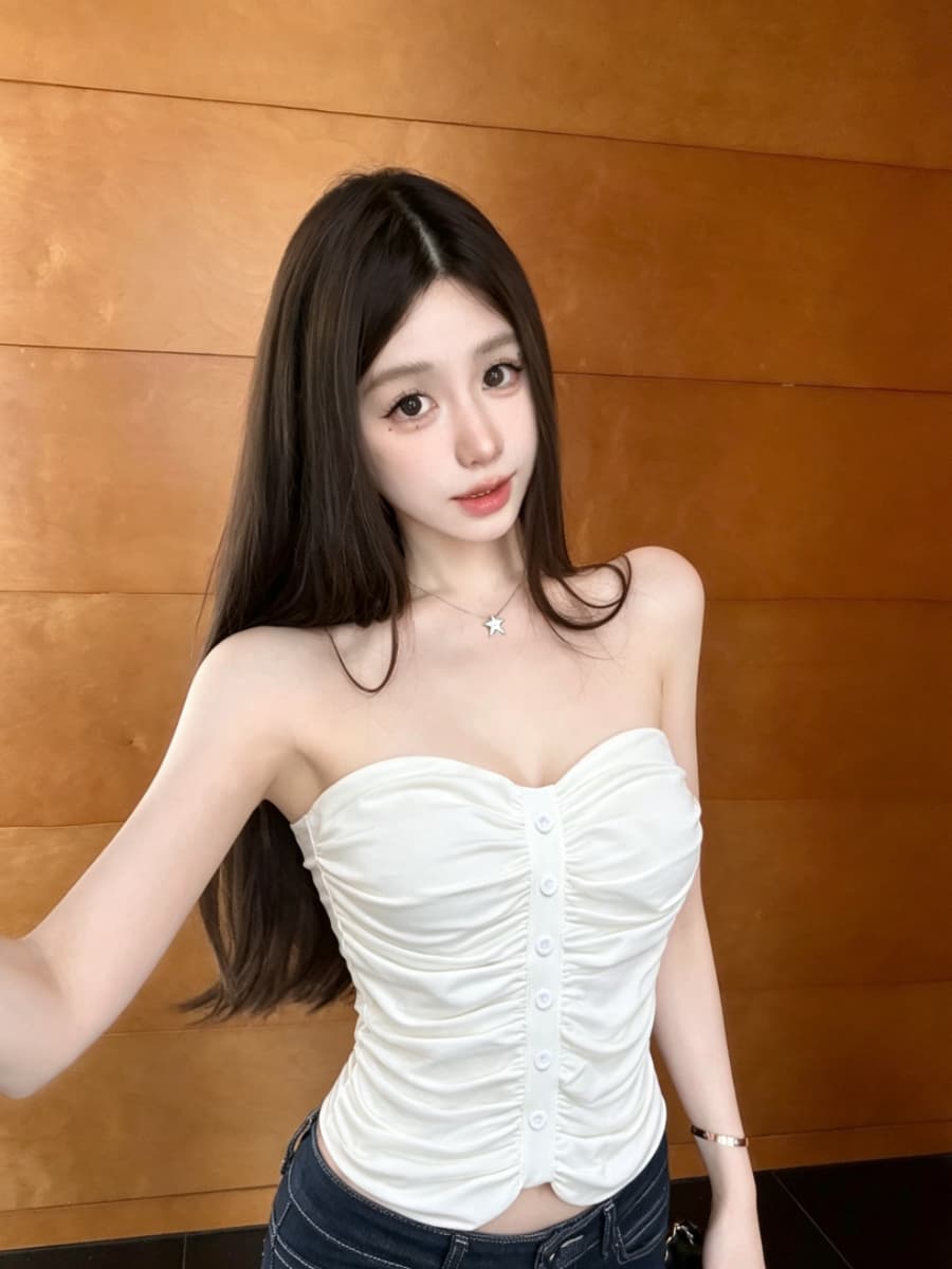 실사 감소되지 않음 핫걸 주름 튜브탑 작은 조끼 여성 여름 몸매 가꾸기 외출용 민소매 맨위