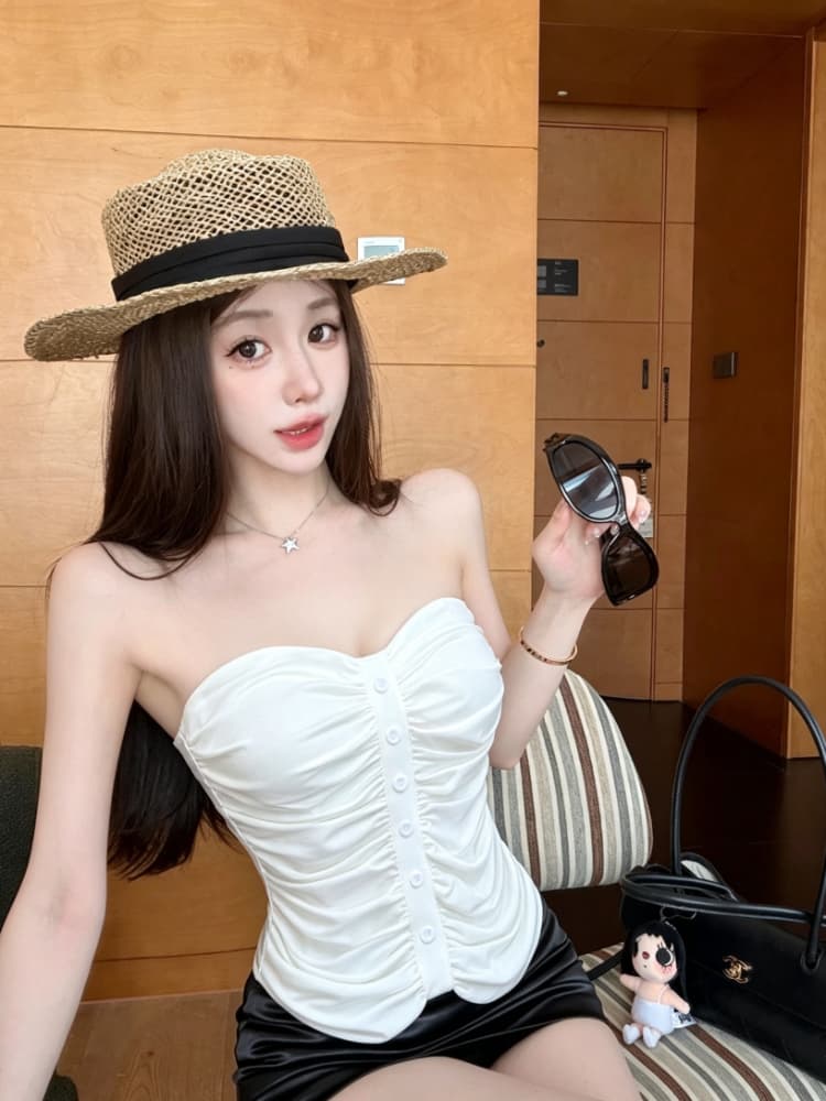 실사 감소되지 않음 핫걸 주름 튜브탑 작은 조끼 여성 여름 몸매 가꾸기 외출용 민소매 맨위 상세 이미지 6