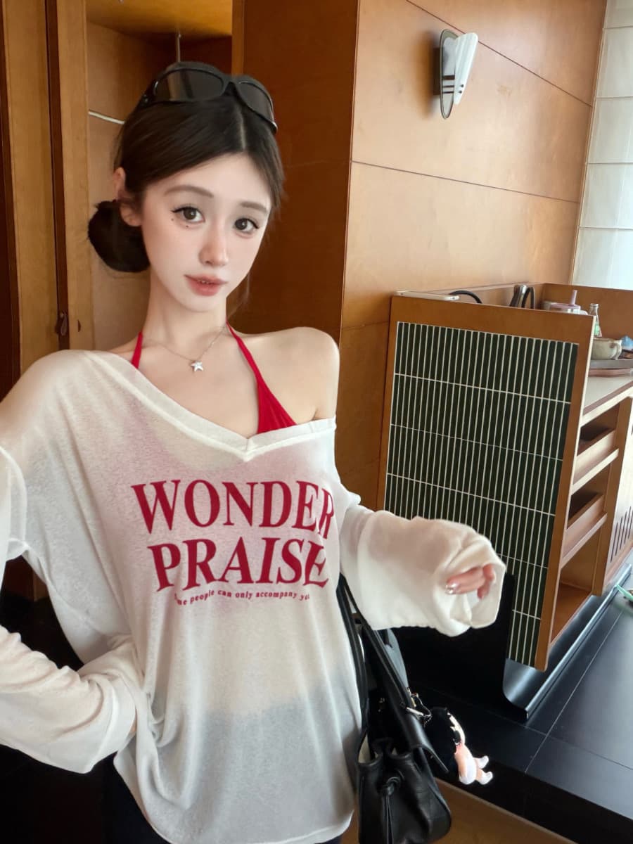 실사 감소되지 않음 느긋한 루즈핏 알파벳 프린트 긴팔 여성 이른 가을 티셔츠 블라우스 투피스 세트 맨위 이미지 2