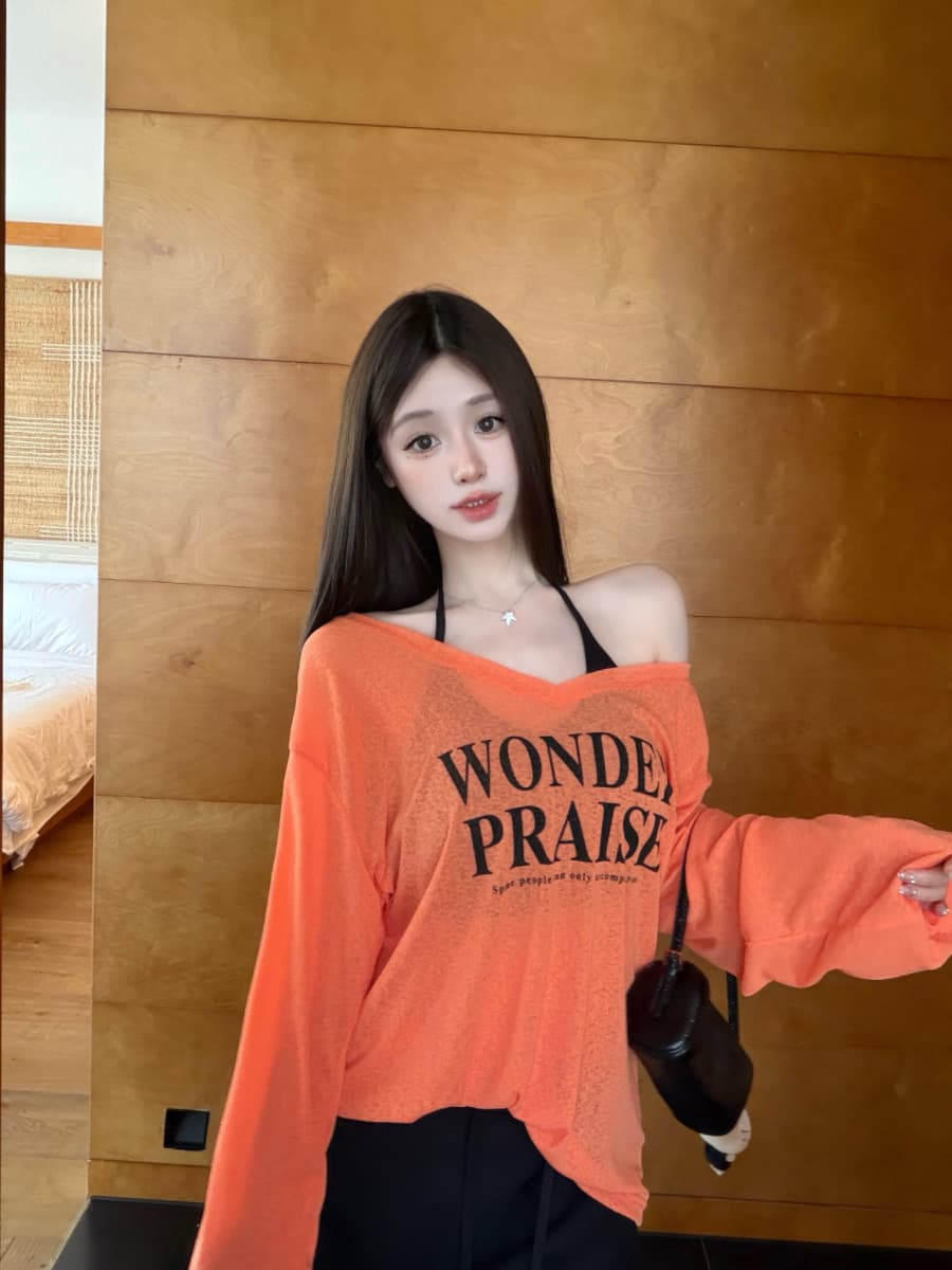 실사 감소되지 않음 느긋한 루즈핏 알파벳 프린트 긴팔 여성 이른 가을 티셔츠 블라우스 투피스 세트 맨위 이미지 3