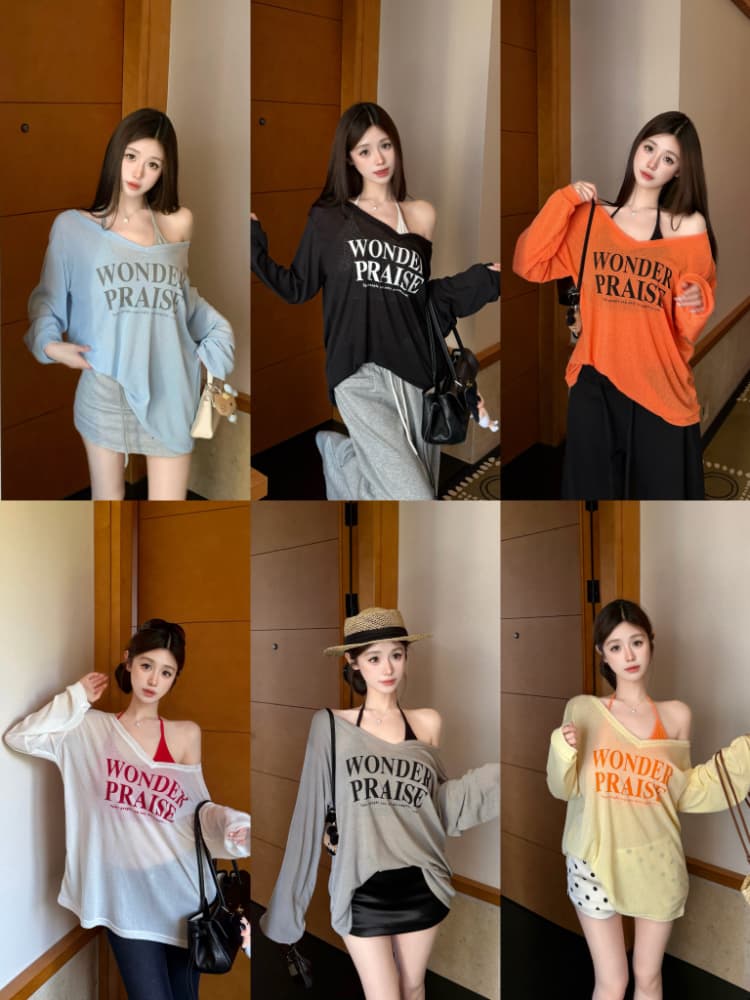 실사 감소되지 않음 느긋한 루즈핏 알파벳 프린트 긴팔 여성 이른 가을 티셔츠 블라우스 투피스 세트 맨위 상세 이미지 1