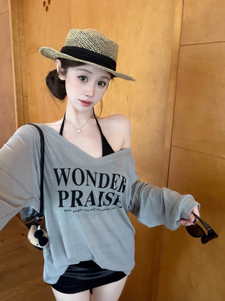 실사 감소되지 않음 느긋한 루즈핏 알파벳 프린트 긴팔 여성 이른 가을 티셔츠 블라우스 투피스 세트 맨위 상세 이미지 10