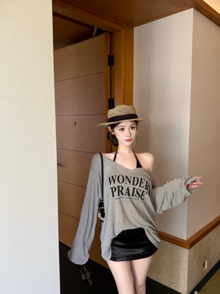 실사 감소되지 않음 느긋한 루즈핏 알파벳 프린트 긴팔 여성 이른 가을 티셔츠 블라우스 투피스 세트 맨위 상세 이미지 11