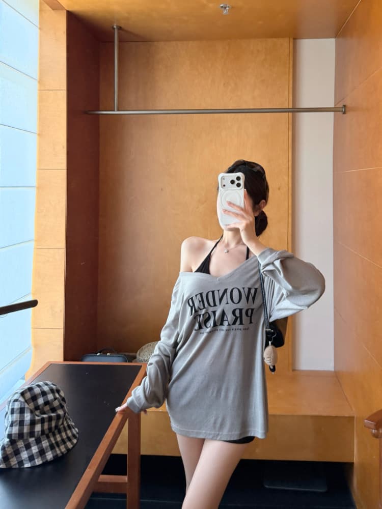 실사 감소되지 않음 느긋한 루즈핏 알파벳 프린트 긴팔 여성 이른 가을 티셔츠 블라우스 투피스 세트 맨위 상세 이미지 12