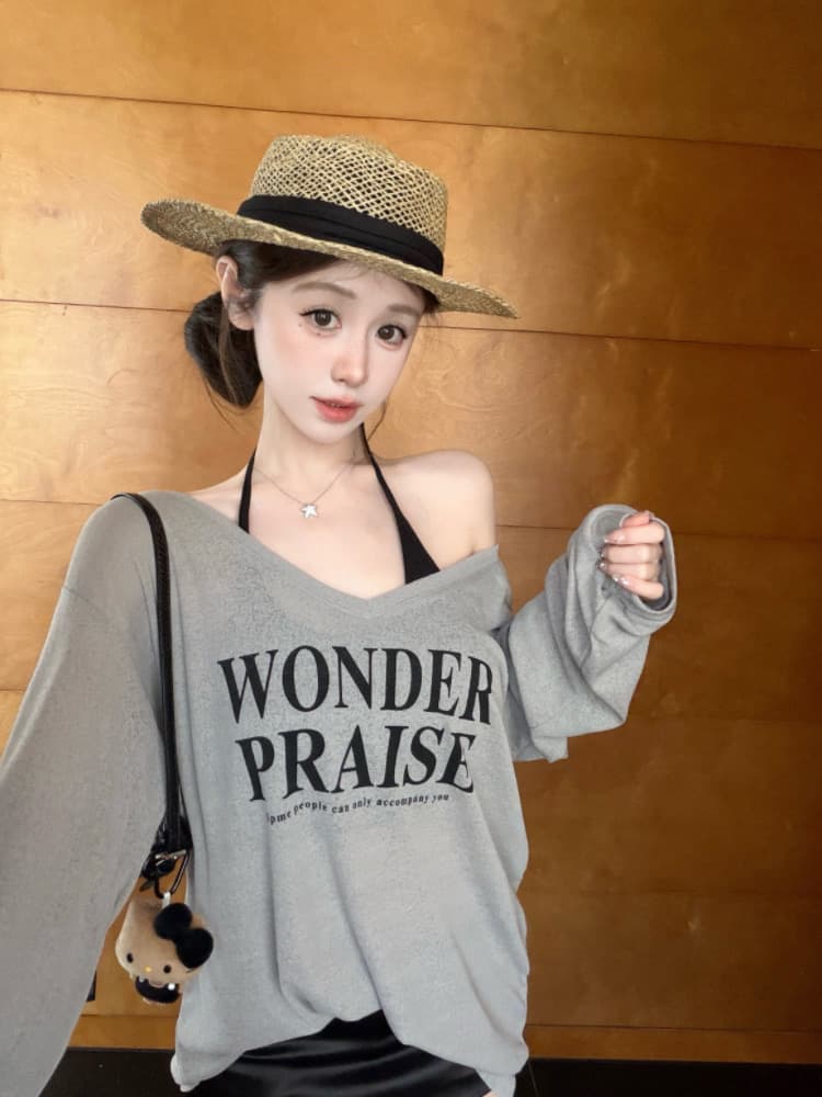 실사 감소되지 않음 느긋한 루즈핏 알파벳 프린트 긴팔 여성 이른 가을 티셔츠 블라우스 투피스 세트 맨위 상세 이미지 13