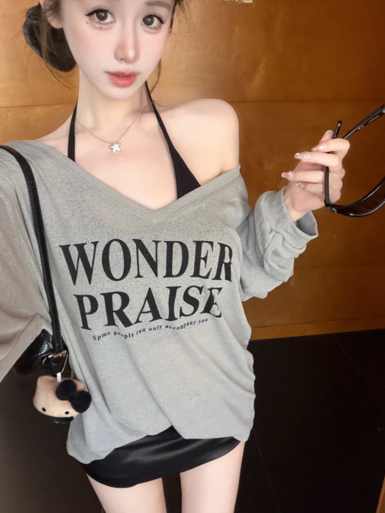 실사 감소되지 않음 느긋한 루즈핏 알파벳 프린트 긴팔 여성 이른 가을 티셔츠 블라우스 투피스 세트 맨위 상세 이미지 14