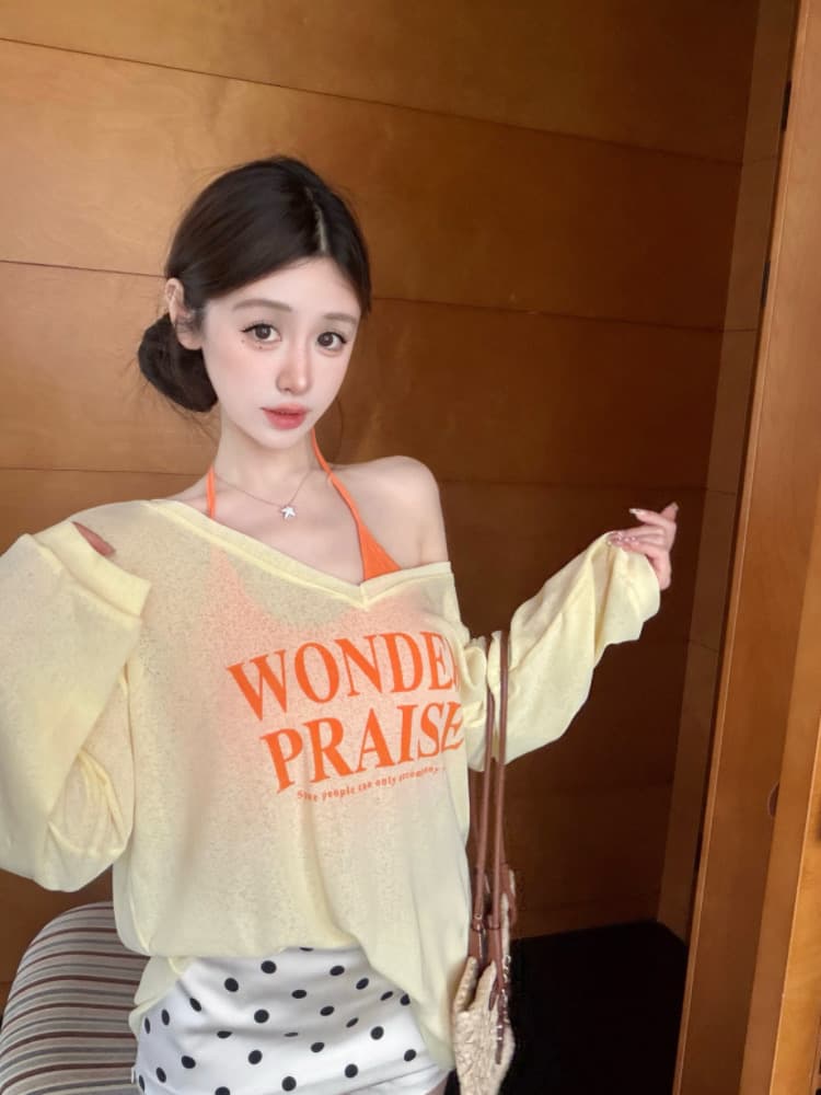 실사 감소되지 않음 느긋한 루즈핏 알파벳 프린트 긴팔 여성 이른 가을 티셔츠 블라우스 투피스 세트 맨위 상세 이미지 15