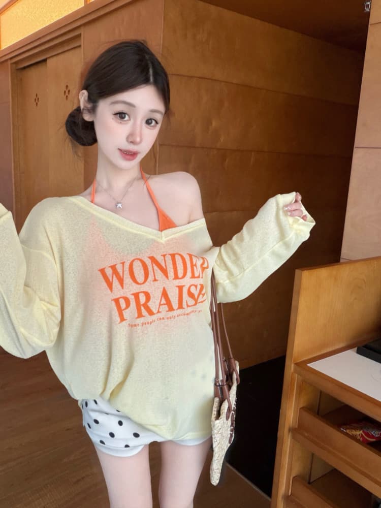 실사 감소되지 않음 느긋한 루즈핏 알파벳 프린트 긴팔 여성 이른 가을 티셔츠 블라우스 투피스 세트 맨위 상세 이미지 19