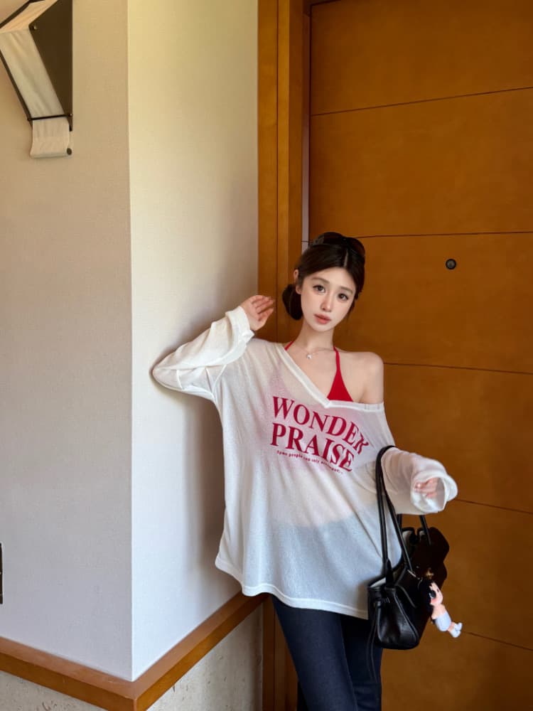 실사 감소되지 않음 느긋한 루즈핏 알파벳 프린트 긴팔 여성 이른 가을 티셔츠 블라우스 투피스 세트 맨위 상세 이미지 21