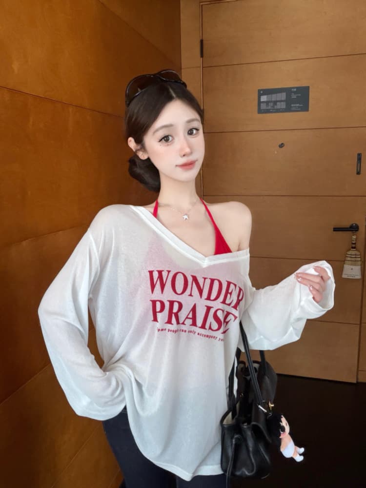실사 감소되지 않음 느긋한 루즈핏 알파벳 프린트 긴팔 여성 이른 가을 티셔츠 블라우스 투피스 세트 맨위 상세 이미지 22
