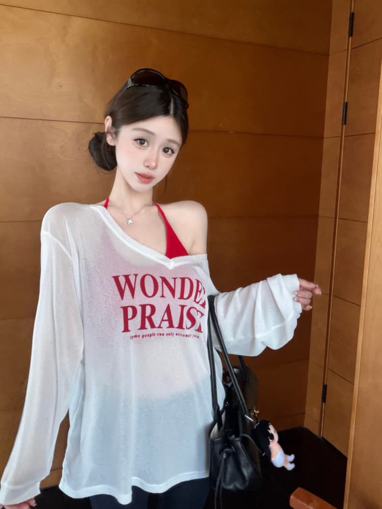 실사 감소되지 않음 느긋한 루즈핏 알파벳 프린트 긴팔 여성 이른 가을 티셔츠 블라우스 투피스 세트 맨위 상세 이미지 23