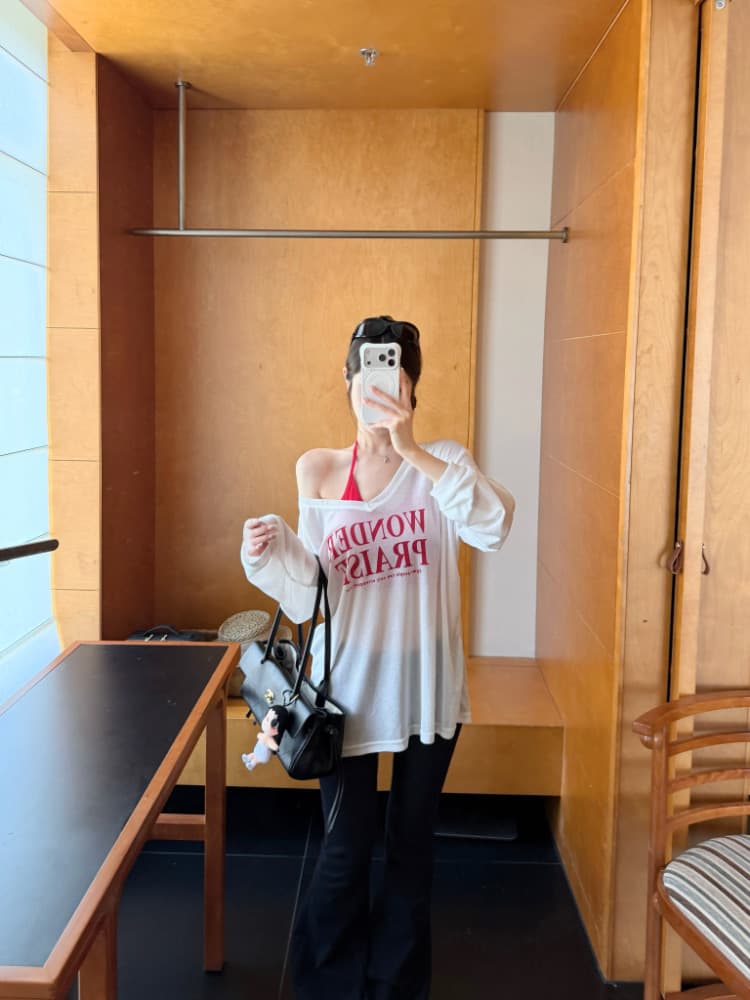 실사 감소되지 않음 느긋한 루즈핏 알파벳 프린트 긴팔 여성 이른 가을 티셔츠 블라우스 투피스 세트 맨위 상세 이미지 24