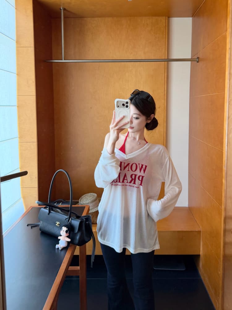 실사 감소되지 않음 느긋한 루즈핏 알파벳 프린트 긴팔 여성 이른 가을 티셔츠 블라우스 투피스 세트 맨위 상세 이미지 25