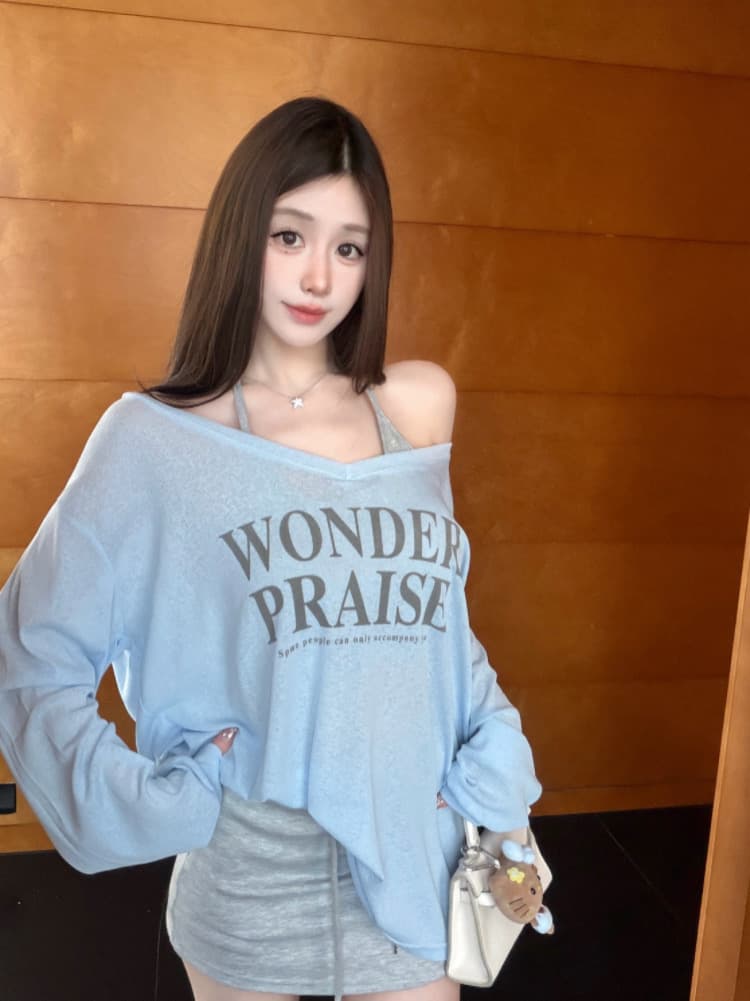 실사 감소되지 않음 느긋한 루즈핏 알파벳 프린트 긴팔 여성 이른 가을 티셔츠 블라우스 투피스 세트 맨위 상세 이미지 27