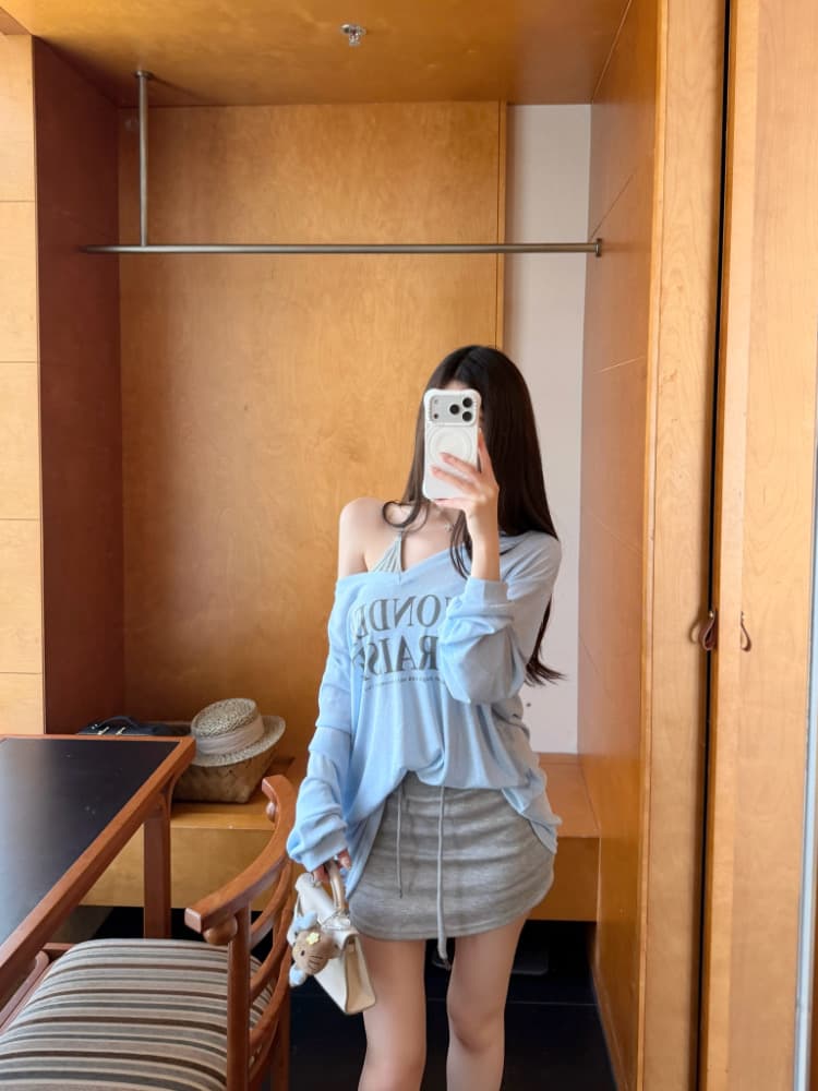 실사 감소되지 않음 느긋한 루즈핏 알파벳 프린트 긴팔 여성 이른 가을 티셔츠 블라우스 투피스 세트 맨위 상세 이미지 30