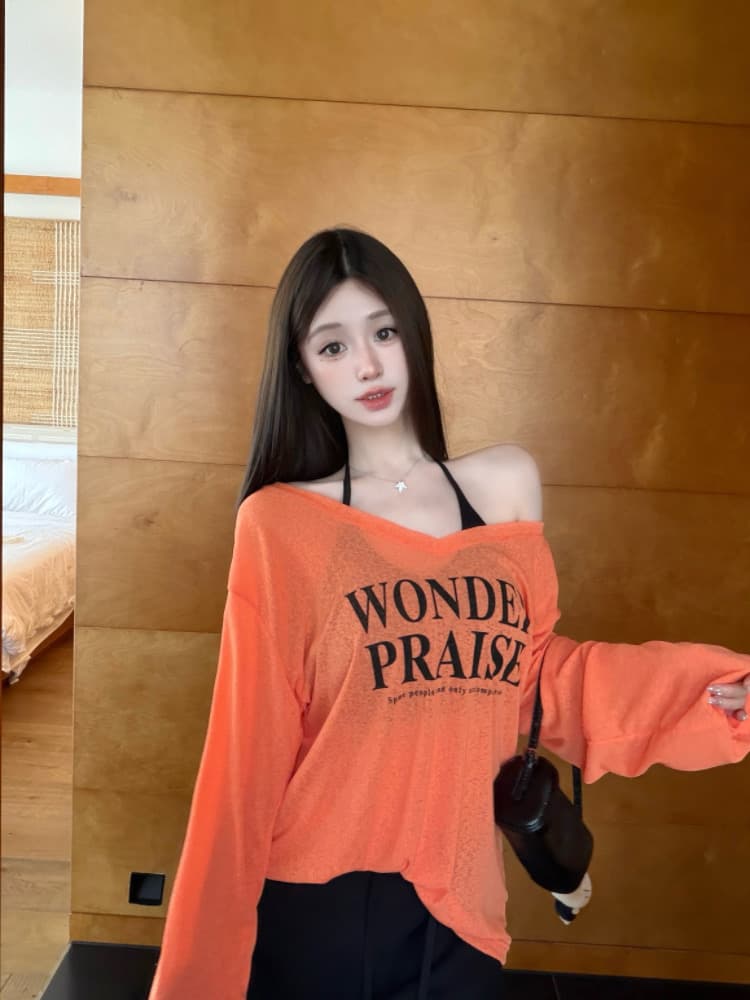 실사 감소되지 않음 느긋한 루즈핏 알파벳 프린트 긴팔 여성 이른 가을 티셔츠 블라우스 투피스 세트 맨위 상세 이미지 32