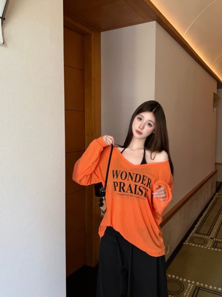 실사 감소되지 않음 느긋한 루즈핏 알파벳 프린트 긴팔 여성 이른 가을 티셔츠 블라우스 투피스 세트 맨위 상세 이미지 33