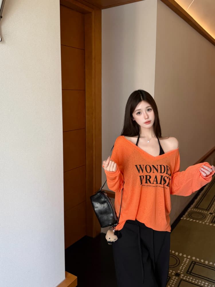 실사 감소되지 않음 느긋한 루즈핏 알파벳 프린트 긴팔 여성 이른 가을 티셔츠 블라우스 투피스 세트 맨위 상세 이미지 34