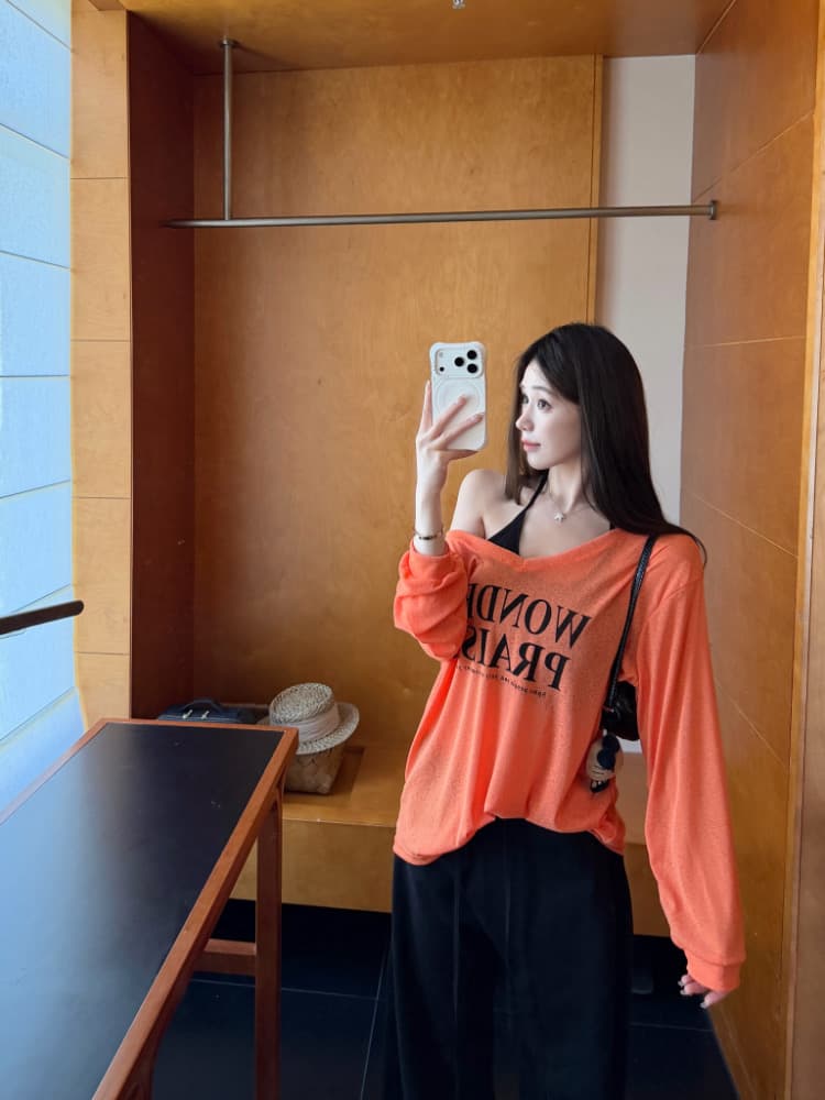 실사 감소되지 않음 느긋한 루즈핏 알파벳 프린트 긴팔 여성 이른 가을 티셔츠 블라우스 투피스 세트 맨위 상세 이미지 36
